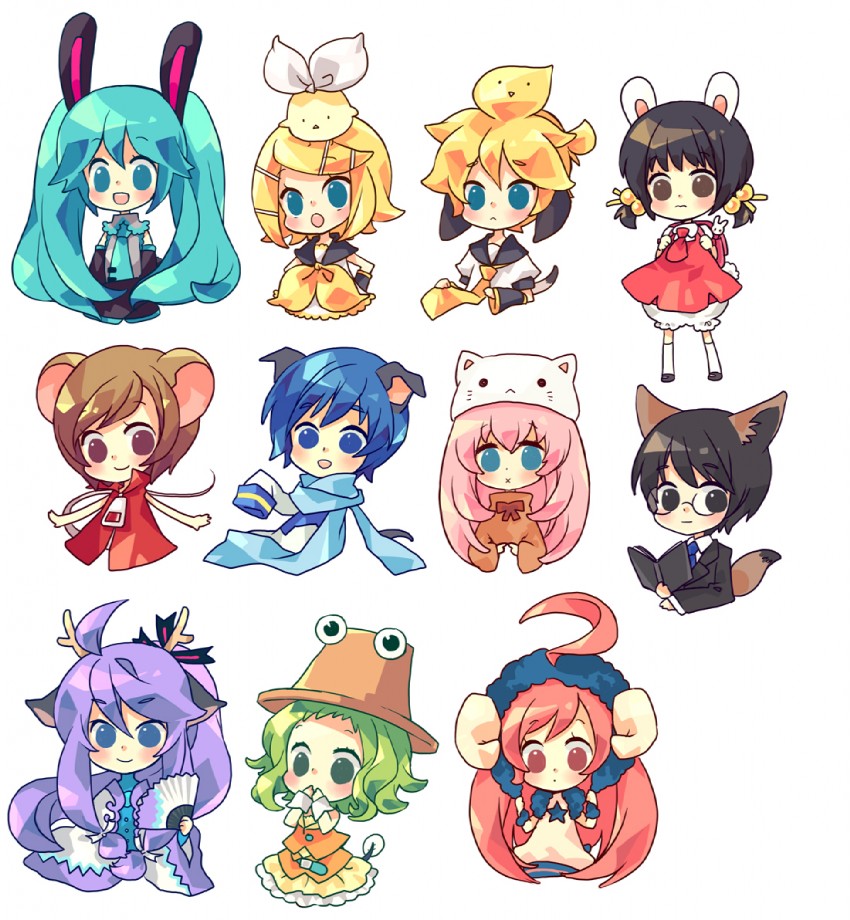 hatsune miku, kagamine rin, moriya suwako, kagamine len, megurine luka, and 8 more (touhou and 3 more) drawn by yukinell