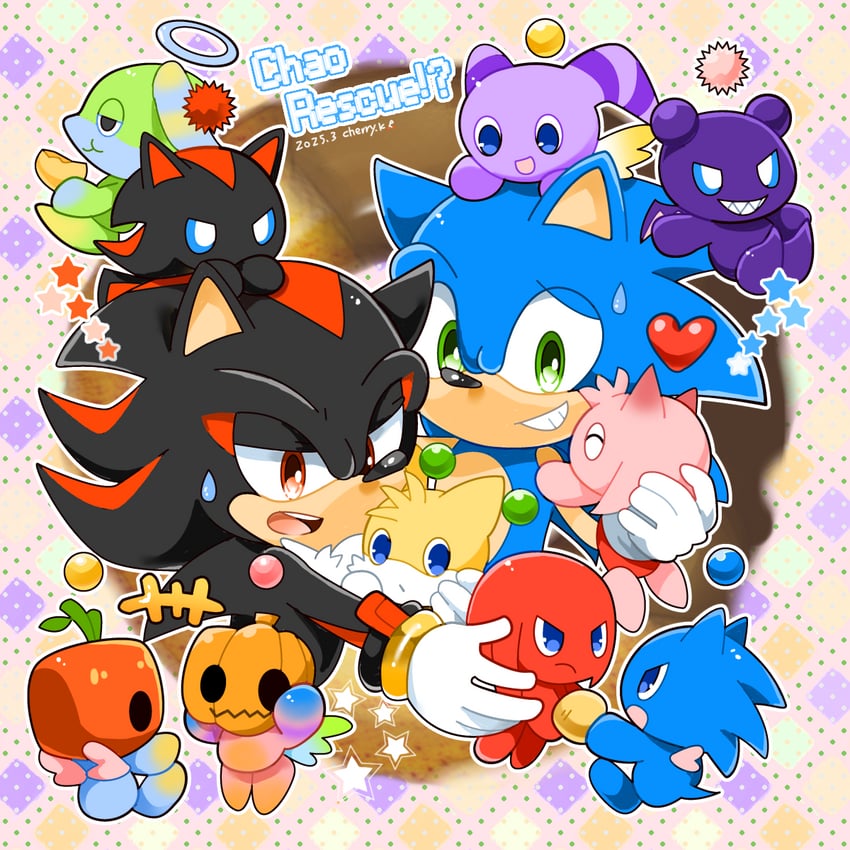 sonic the hedgehog, shadow the hedgehog, neutral chao, dark chao, shadow chao, and 5 more (sonic and 2 more) drawn by kusunoki_cherry