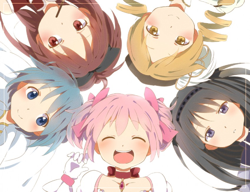 akemi homura, kaname madoka, miki sayaka, sakura kyoko, and tomoe mami (mahou shoujo madoka magica) drawn by kana_(okitasougo222)