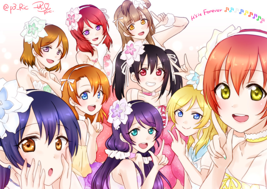 nishikino maki, tojo nozomi, sonoda umi, yazawa nico, ayase eli, and 13 more (love live! and 1 more) drawn by ric._(marchen_mozuku)