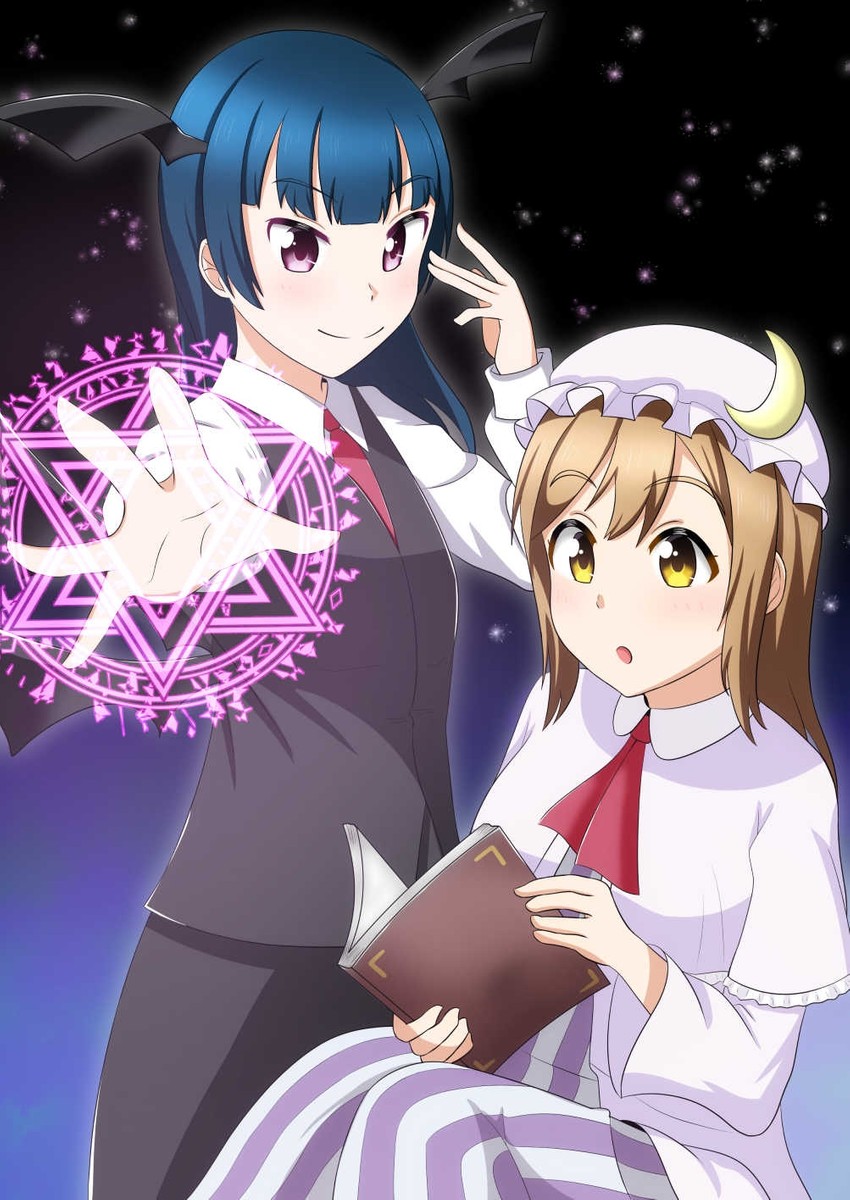 patchouli knowledge, koakuma, tsushima yoshiko, and kunikida hanamaru (touhou and 2 more) drawn by norimituko
