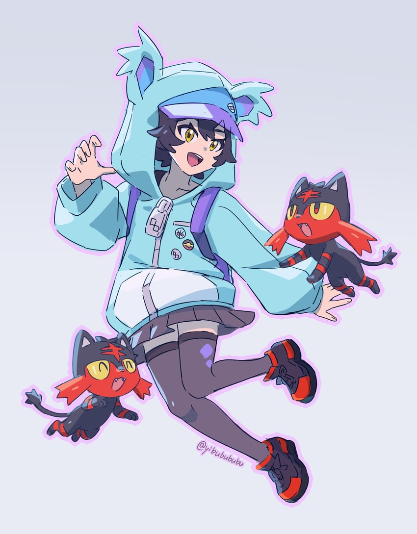 litten and nyabiko (pokemon and 1 more) drawn by yibuzhai