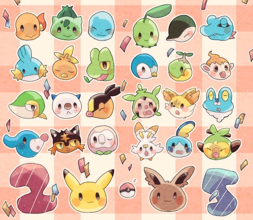 pikachu, eevee, rowlet, piplup, bulbasaur, and 21 more (pokemon) drawn by hanabusaoekaki