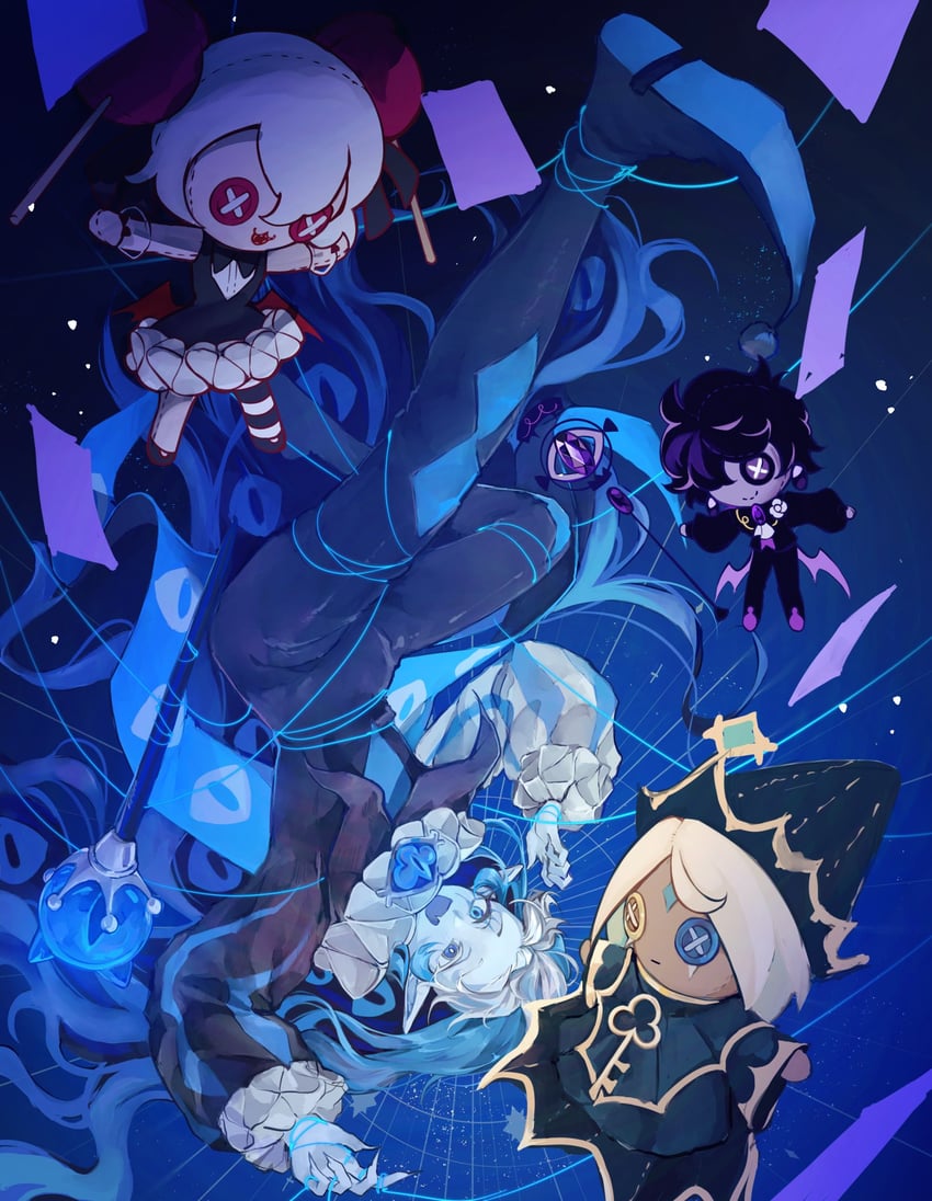 shadow milk cookie, candy apple cookie, pure vanilla cookie, and black sapphire cookie (cookie run and 1 more) drawn by hyuni7777