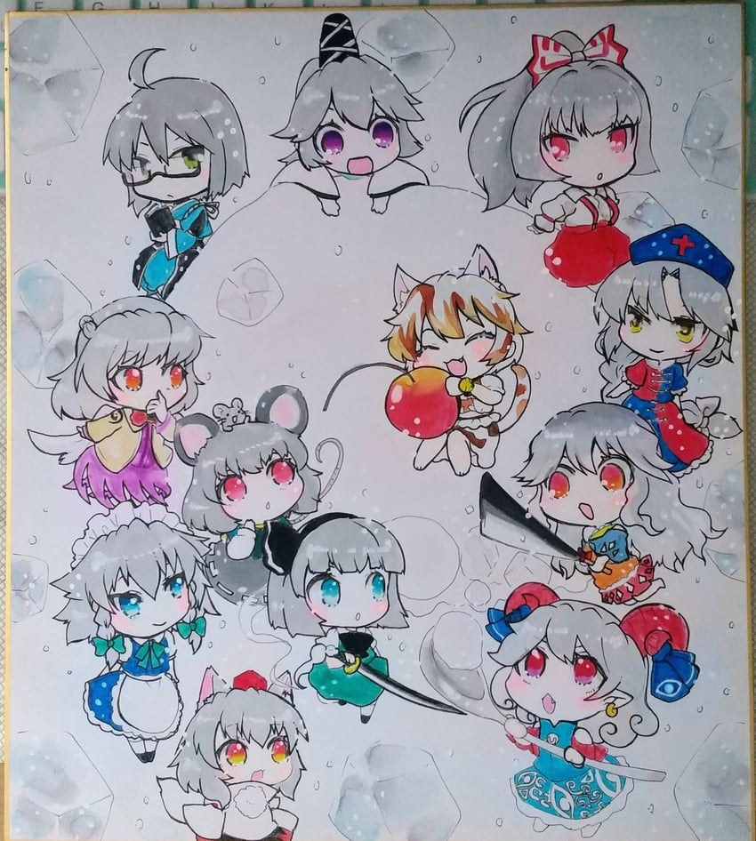 izayoi sakuya, konpaku youmu, fujiwara no mokou, inubashiri momiji, nazrin, and 7 more (touhou) drawn by kibou_(73433)
