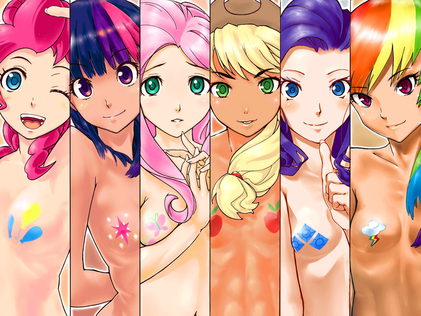 twilight sparkle, fluttershy, rainbow dash, pinkie pie, rarity, and 1 more (amagami and 3 more) drawn by mitsu_(prettychii)