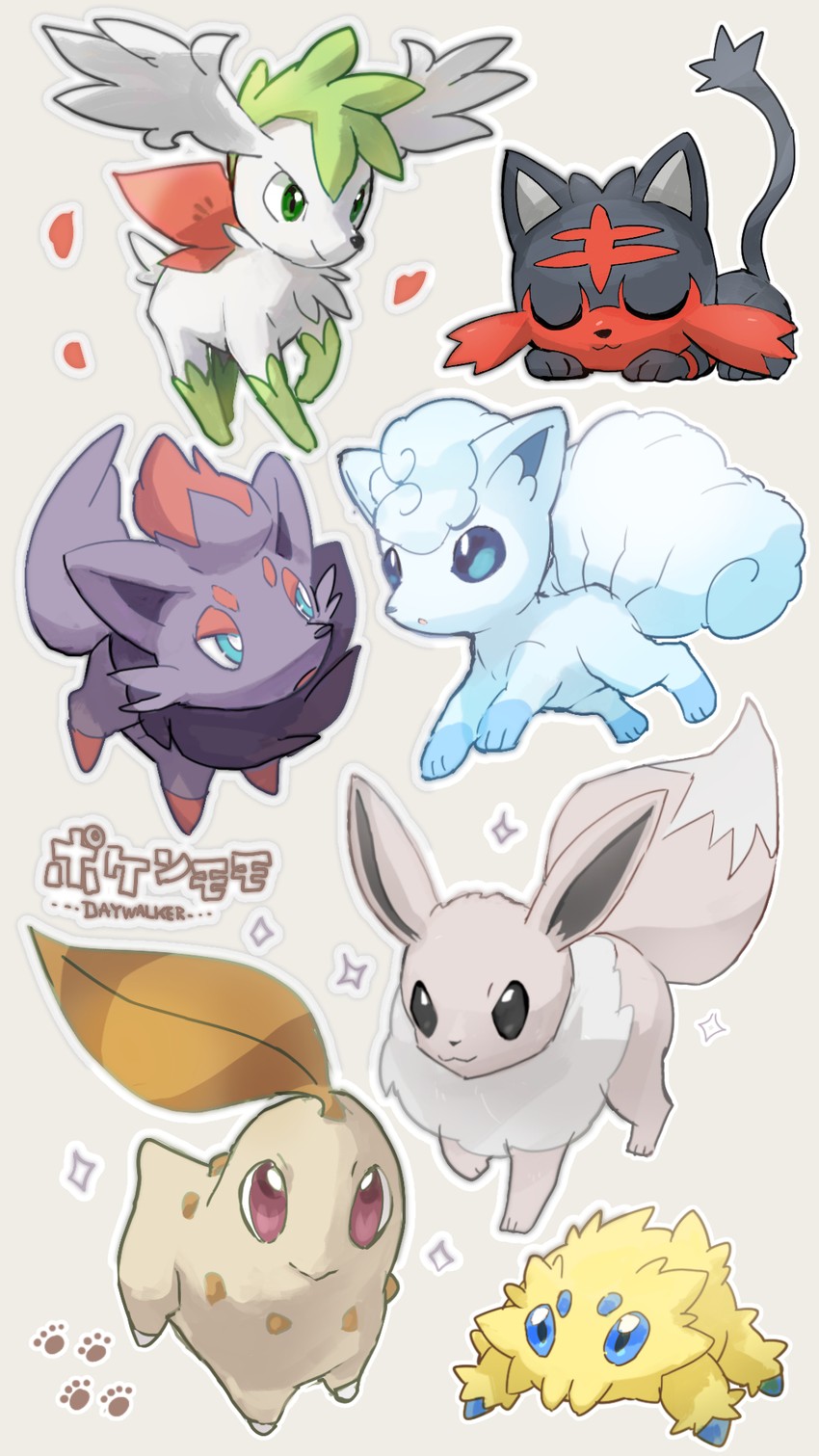 eevee, chikorita, alolan vulpix, litten, shaymin, and 2 more (pokemon) drawn by day_walker1117