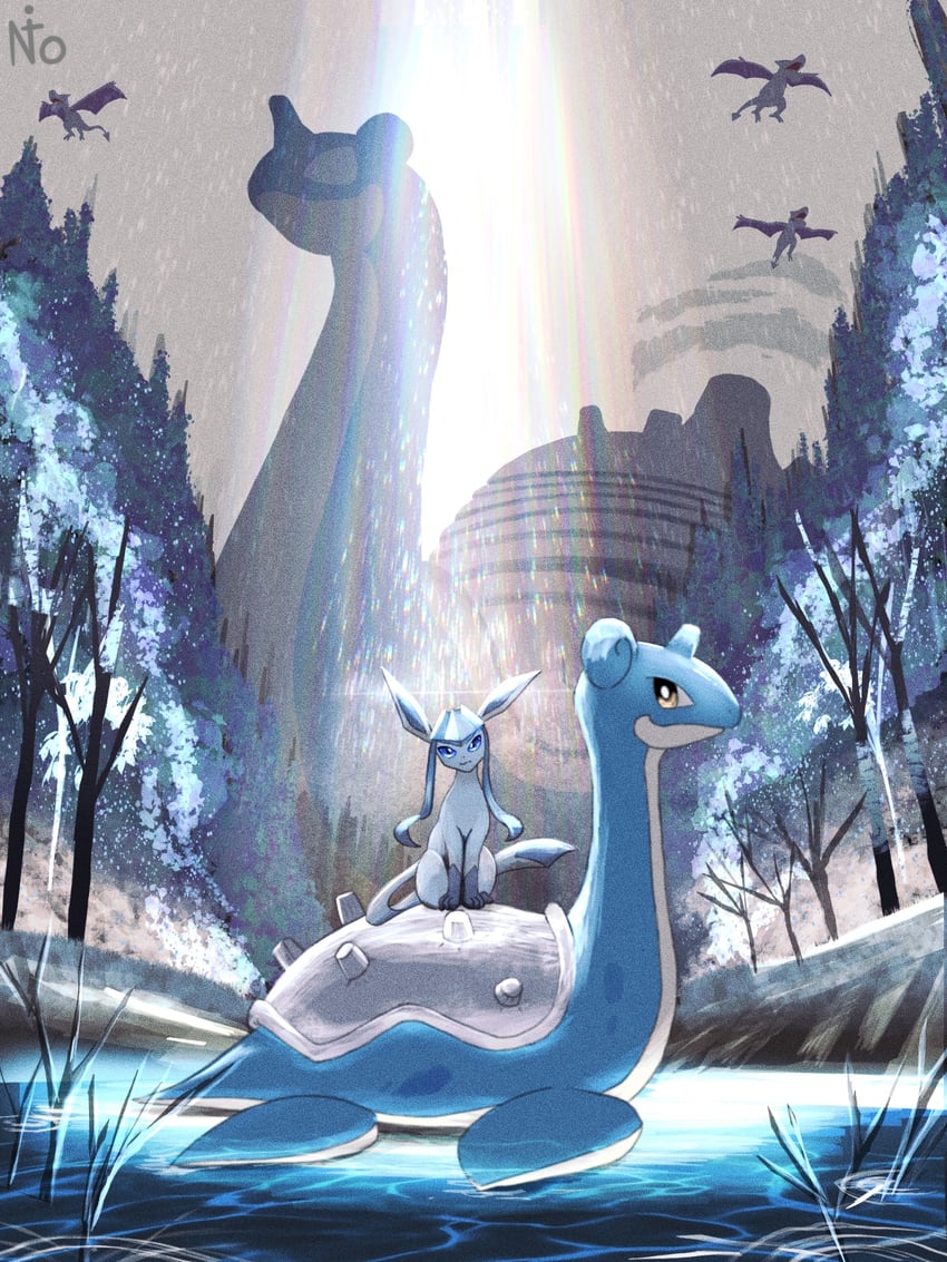 glaceon, lapras, aerodactyl, and gigantamax lapras (pokemon) drawn by nitrocharge25