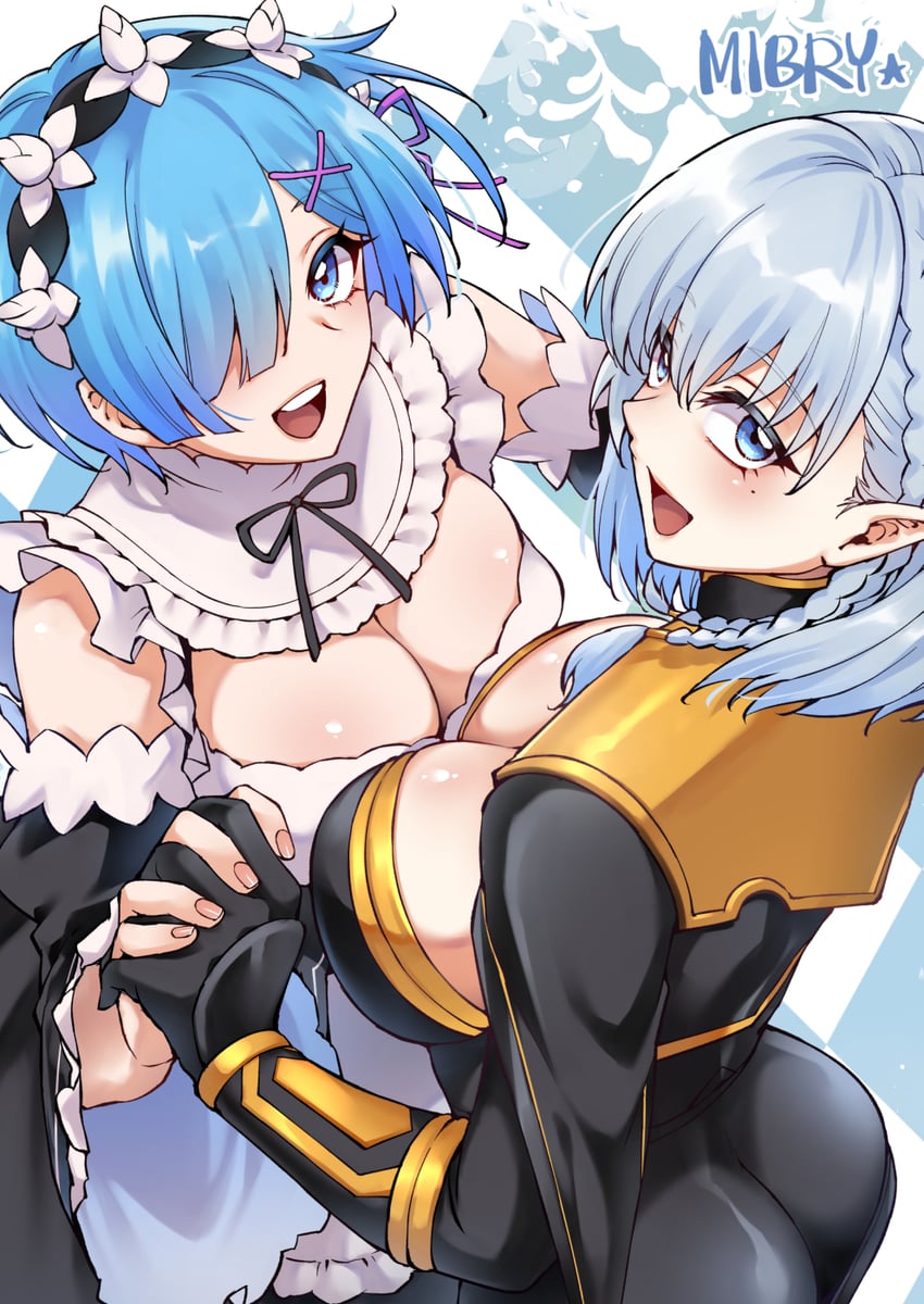 rem, minase inori, and beta (re:zero kara hajimeru isekai seikatsu and 1 more) drawn by mibry_(phrysm)