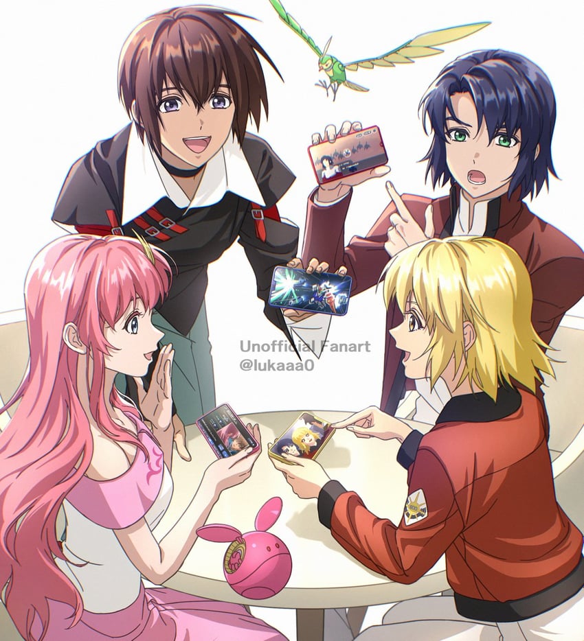 haro, cagalli yula athha, athrun zala, lacus clyne, kira yamato, and 1 more (gundam and 1 more) drawn by lukaaa