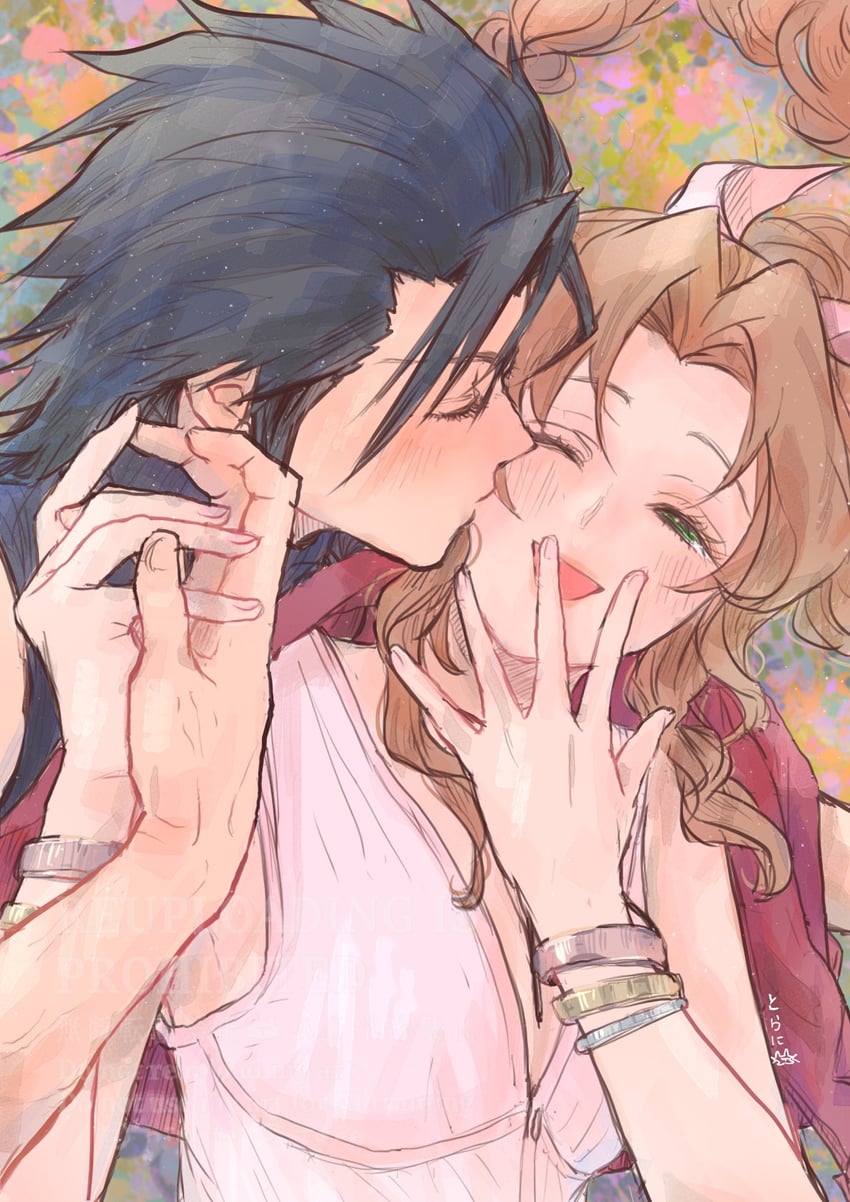 aerith gainsborough and zack fair (final fantasy and 2 more) drawn by ninnin5tora