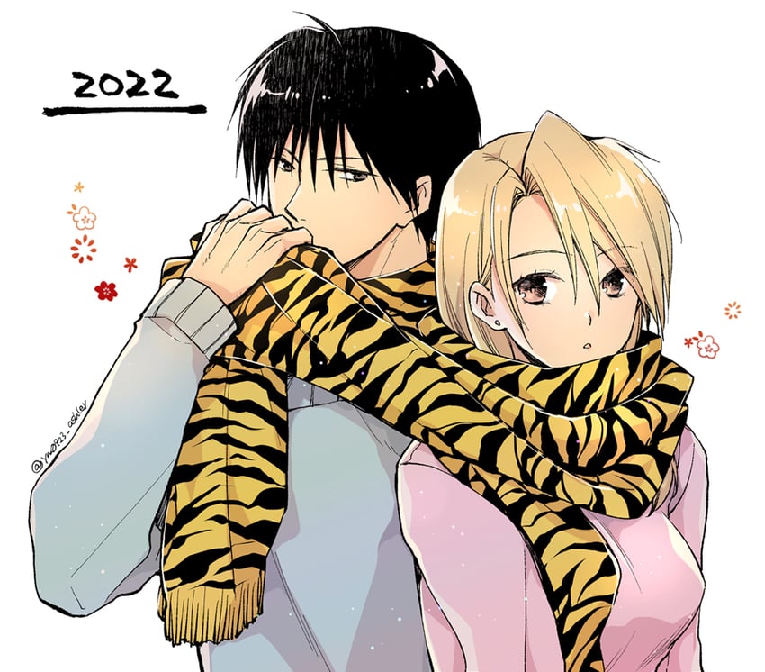 riza hawkeye and roy mustang (fullmetal alchemist) drawn by takafuji_yuna