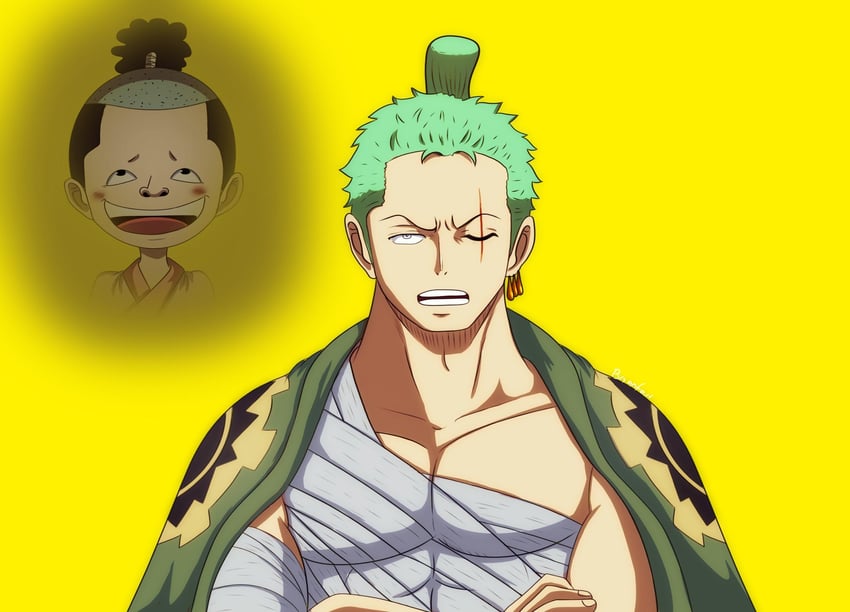 roronoa zoro and kouzuki momonosuke (one piece) drawn by bryanfavr
