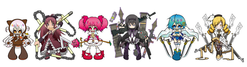 akemi homura, kaname madoka, miki sayaka, sakura kyoko, tomoe mami, and 1 more (mahou shoujo madoka magica) drawn by animenishikihebi