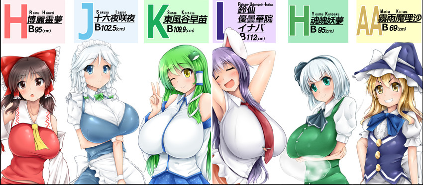 hakurei reimu, kirisame marisa, izayoi sakuya, kochiya sanae, konpaku youmu, and 1 more (touhou) drawn by hydrant_(kasozama)
