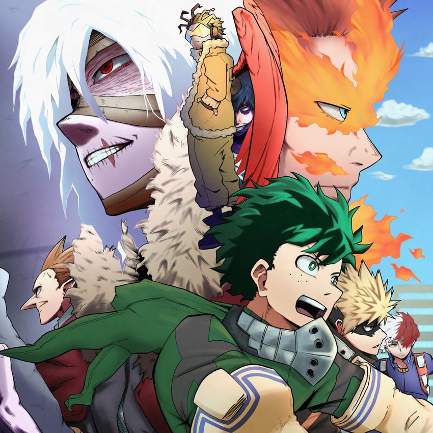 midoriya izuku, bakugou katsuki, todoroki shoto, endeavor, hawks, and 3 more (boku no hero academia) drawn by naki_thefriends