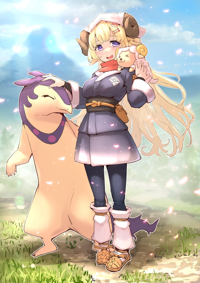 akari, tsunomaki watame, hisuian typhlosion, and watamate (pokemon and 2 more) drawn by mitsuru_(uramitsuru1206)
