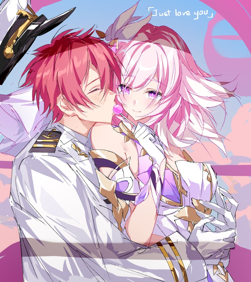 elysia and captain (honkai and 1 more) drawn by evzeva