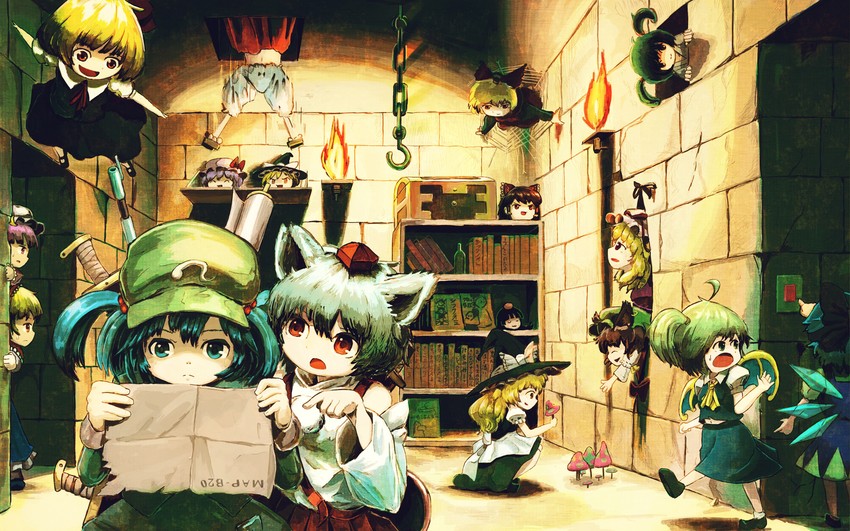 hakurei reimu, kirisame marisa, remilia scarlet, alice margatroid, cirno, and 11 more (touhou) drawn by saebashi