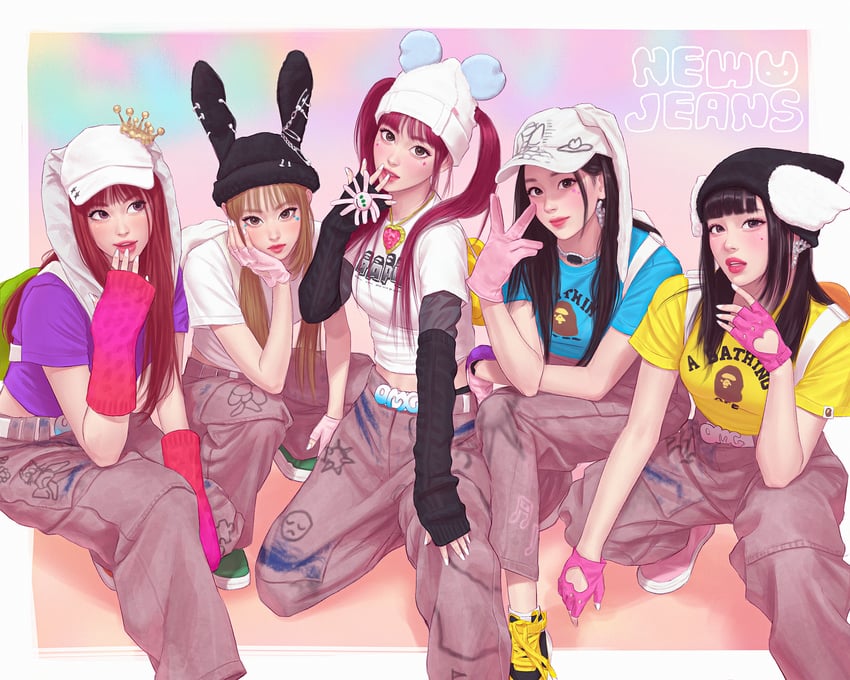 haerin, hanni, minji, hyein, and danielle (real life and 1 more) drawn by umigraphics