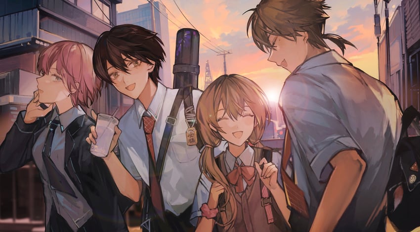 kenmochi touya, fushimi gaku, yuuhi riri, and ienaga mugi (nijisanji) drawn by tsuta1218