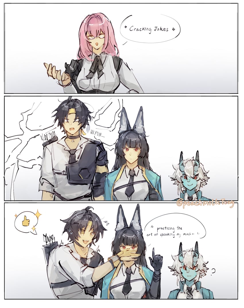 hoshimi miyabi, tsukishiro yanagi, soukaku, and asaba harumasa (zenless zone zero) drawn by peachmilkteay