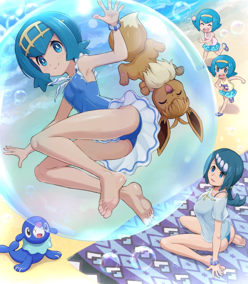 eevee, lana, popplio, lana's mother, slowpoke, and 3 more (pokemon and 1 more) drawn by pokemoa