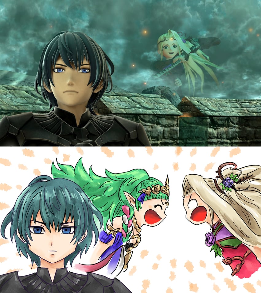 male byleth, sothis, and viridi (fire emblem and 4 more) drawn by kicdon