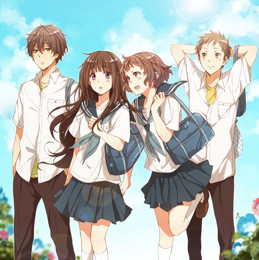 chitanda eru, oreki houtarou, ibara mayaka, and fukube satoshi (hyouka) drawn by sleepy69