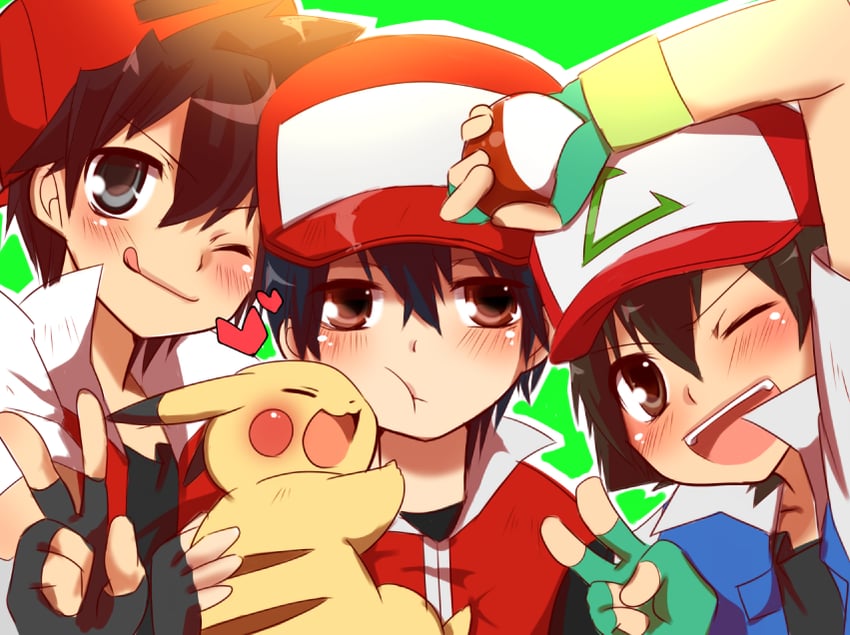 pikachu, ash ketchum, red, and pixiv red (pokemon and 2 more) drawn by nekonekopunyann