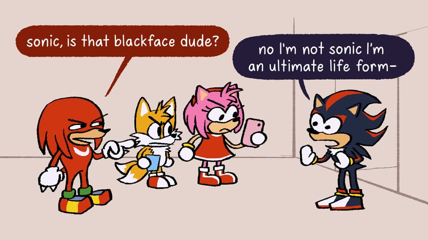 shadow the hedgehog, amy rose, tails, and knuckles the echidna (sonic and 2 more) drawn by linguinesoup