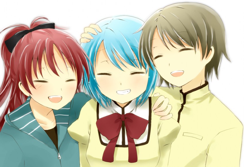 miki sayaka, sakura kyoko, and kamijou kyousuke (mahou shoujo madoka magica) drawn by mia_(pixiv_2320431)