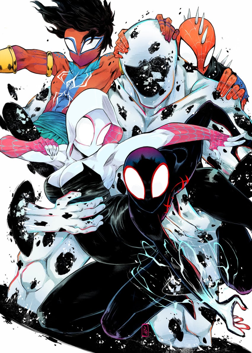 spider-gwen, spider-man, spider-punk, spider-man india, and spot (marvel and 3 more) drawn by prince_rours