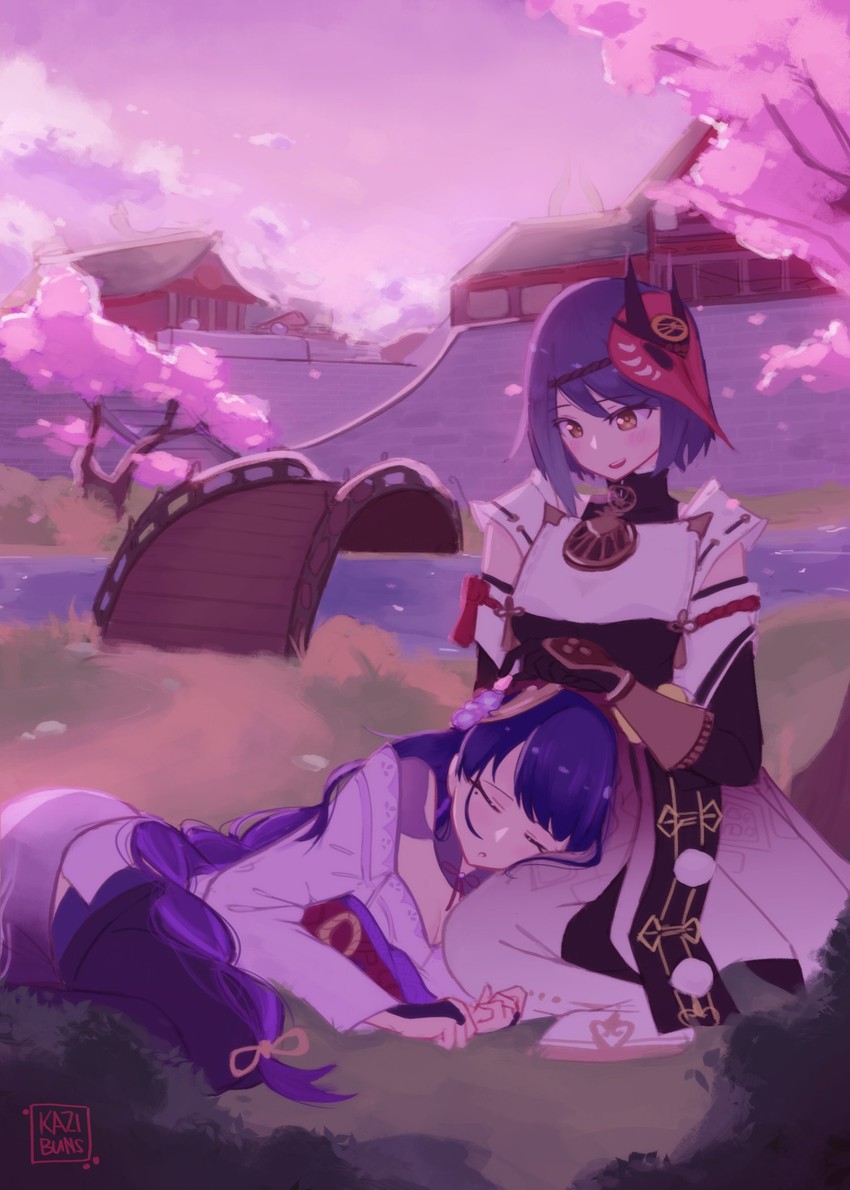 raiden shogun and kujou sara (genshin impact) drawn by kazi_buns