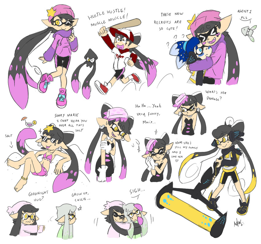 inkling player character, marie, inkling boy, and callie (splatoon and 3 more) drawn by axl-fox