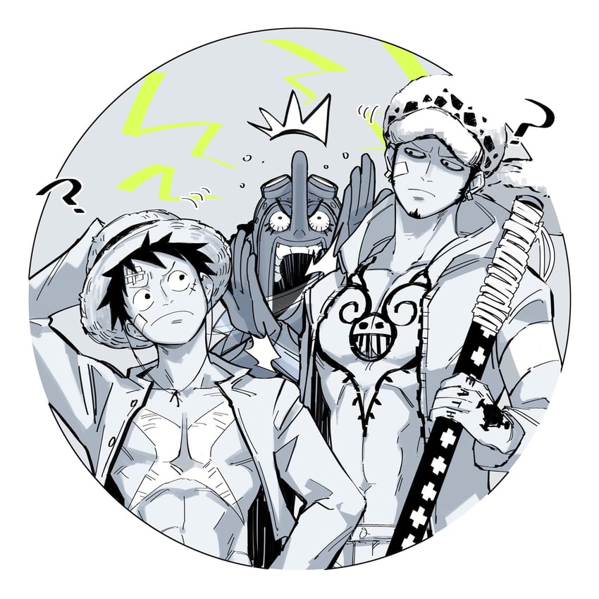 monkey d. luffy, trafalgar law, and usopp (one piece) drawn by kokusoji