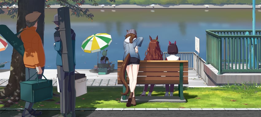 seiun sky, nakayama festa, nishino flower, and mejiro bright (umamusume) drawn by takuzui