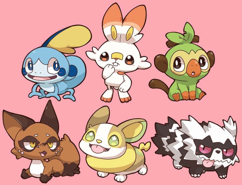 scorbunny, sobble, grookey, yamper, galarian zigzagoon, and 1 more (pokemon) drawn by 2027_(submarine2027)