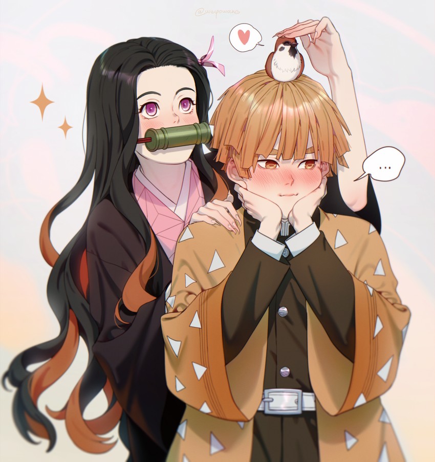 kamado nezuko, agatsuma zenitsu, and chuntarou (kimetsu no yaiba) drawn by weyowang