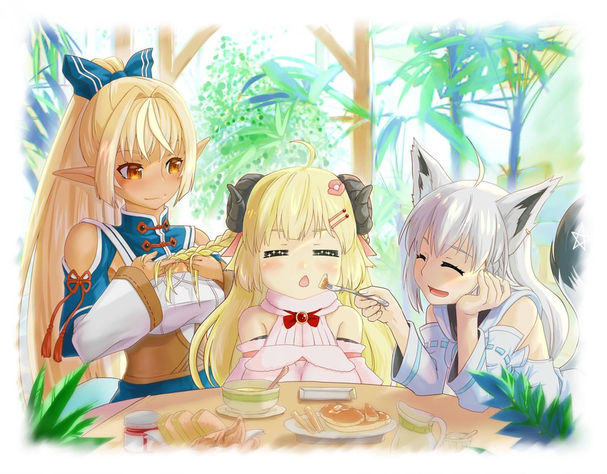 shirakami fubuki, shiranui flare, and tsunomaki watame (hololive) drawn by kazuhane2
