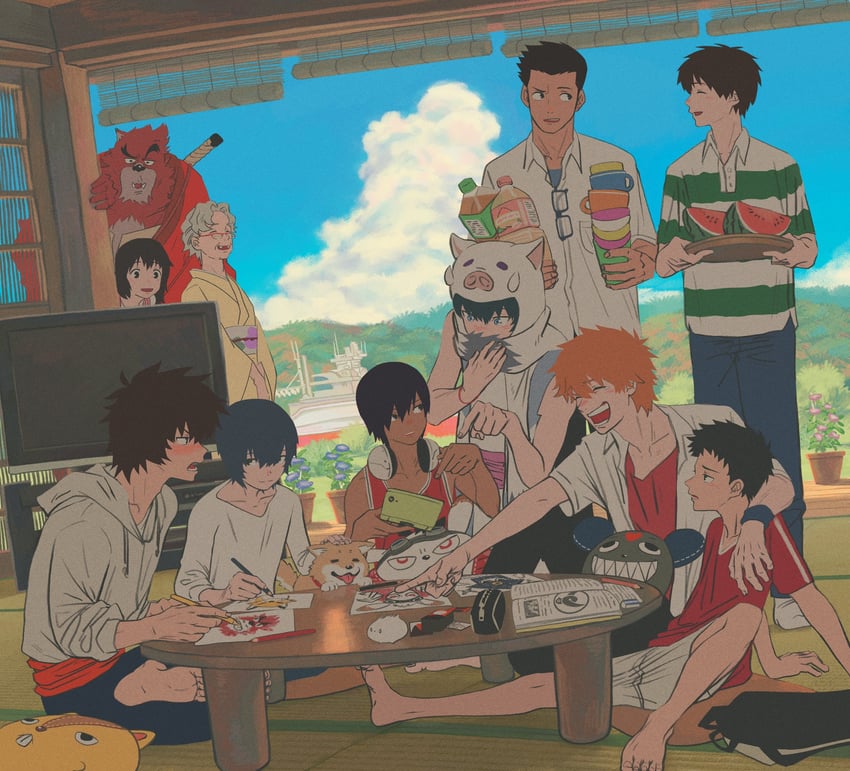 ikezawa kazuma, king kazma, mamiya chiaki, kumatetsu, koiso kenji, and 8 more (summer wars and 3 more) drawn by uraura_ura-chan