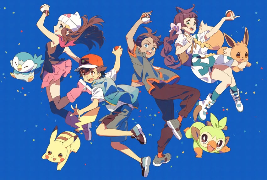 pikachu, dawn, ash ketchum, eevee, piplup, and 3 more (pokemon and 1 more) drawn by pkgllllllv