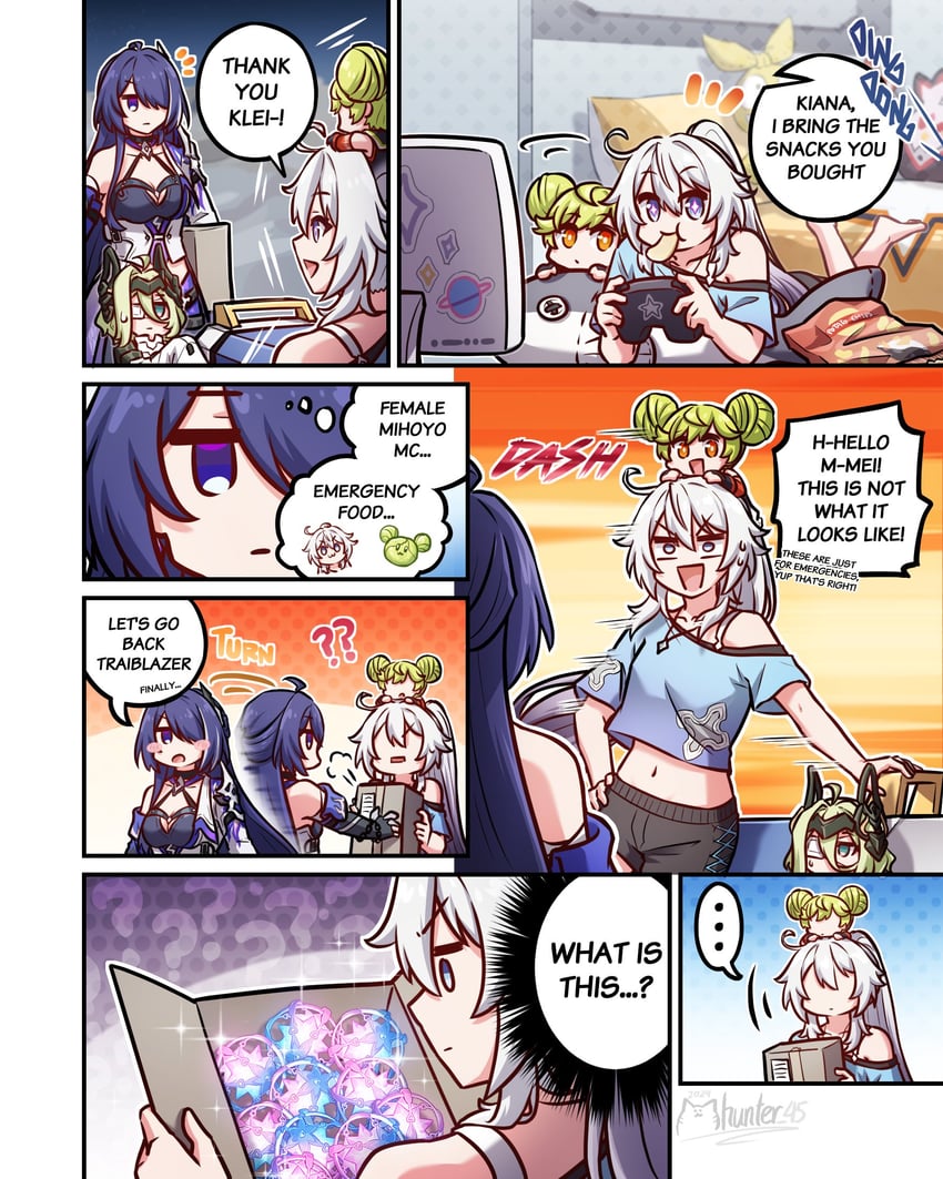 kiana kaslana, acheron, ai-chan, and klein (genshin impact and 4 more) drawn by mhunter_45