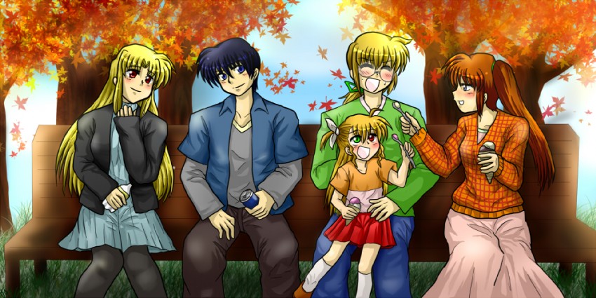 fate testarossa, takamachi nanoha, vivio, yuuno scrya, and chrono harlaown (lyrical nanoha and 1 more) drawn by enokuma_uuta