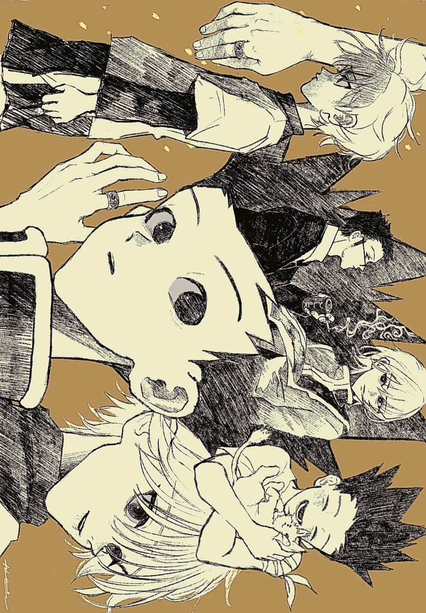 killua zoldyck, kurapika, gon freecss, and leorio paladiknight (hunter x hunter) drawn by kaze_no
