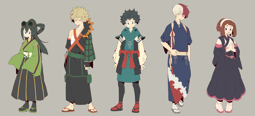 midoriya izuku, uraraka ochaco, bakugou katsuki, todoroki shoto, and asui tsuyu (boku no hero academia) drawn by uppi