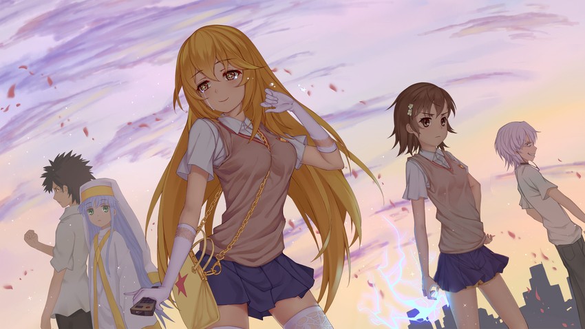 misaka mikoto, shokuhou misaki, kamijou touma, accelerator, and index (toaru majutsu no index) drawn by omae_yoken