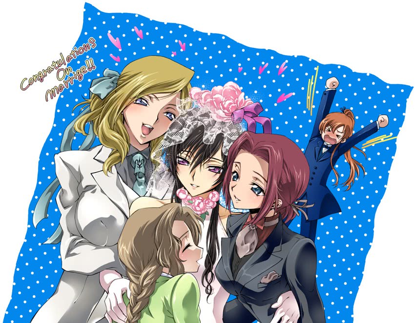 lelouch vi britannia, kouzuki kallen, nunnally vi britannia, shirley fenette, and milly ashford (code geass) drawn by iyou and mizuno_poppo