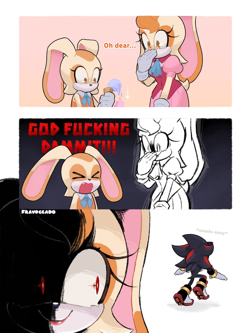 shadow the hedgehog, cream the rabbit, and vanilla the rabbit (sonic) drawn by fravoccado