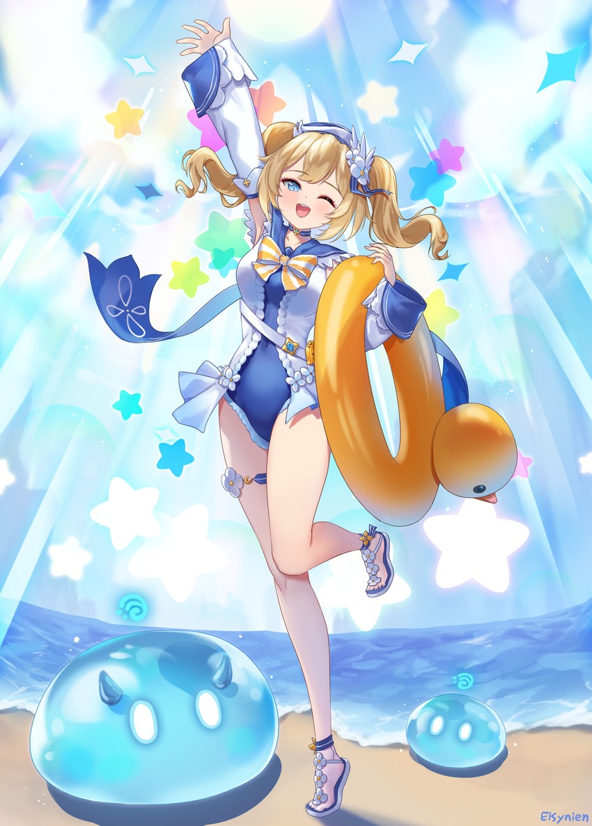 barbara, slime, and hydro slime (genshin impact) drawn by elsynien